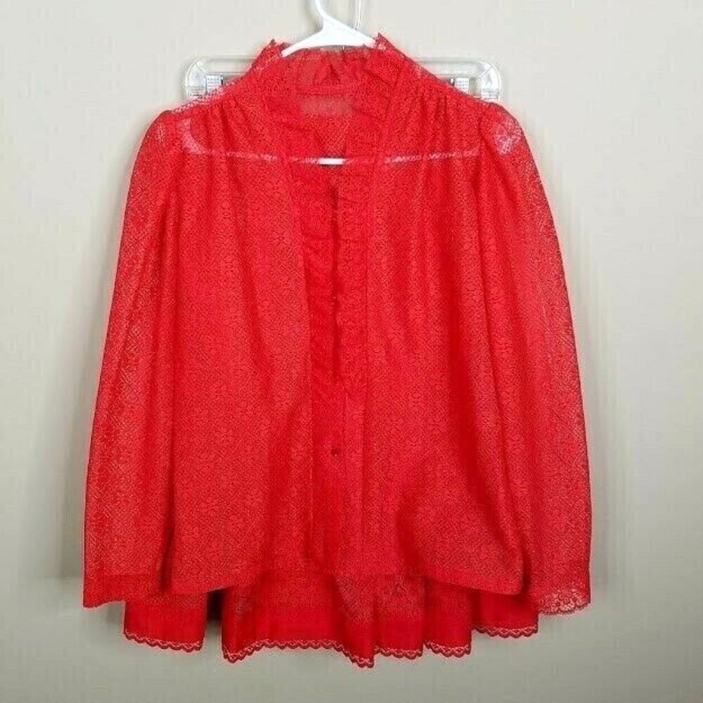 Vintage 70s Little House Creations Red Lace‎ Blouse & Skirt Set With Ruffles